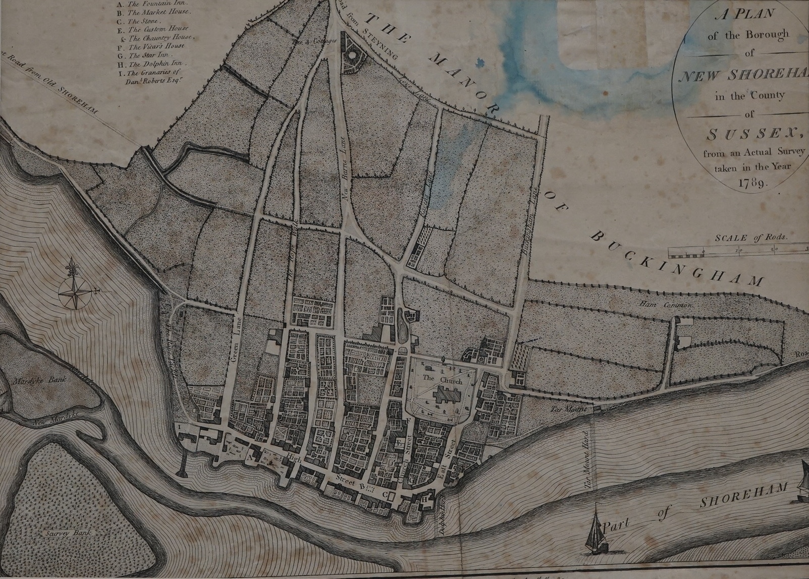 Shoreham by Sea Interest; J.Edwards Publ. coloured engraving, A Plan of the Borough of New Shoreham, 1789, 27 x 41cm and another example for 1817, 27 x 41cm, both unframed. Condition - both with paper discolouration and